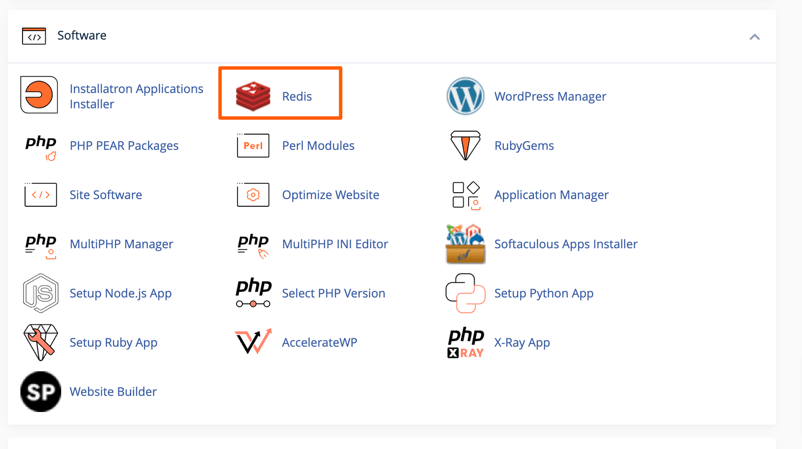 The Redis entry in the cPanel tools list