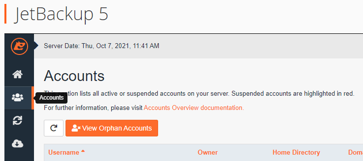The JetBackup 5 Accounts page in cPanel