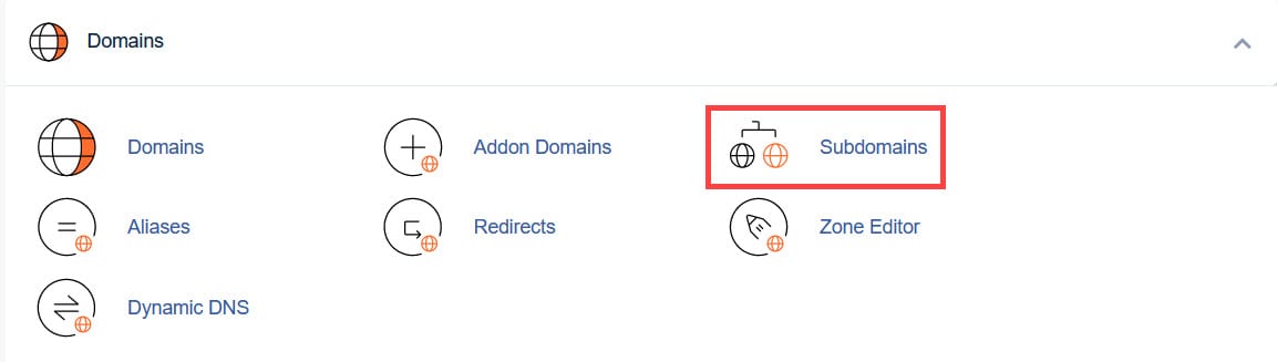 The Subdomains entry in the cPanel Domains section