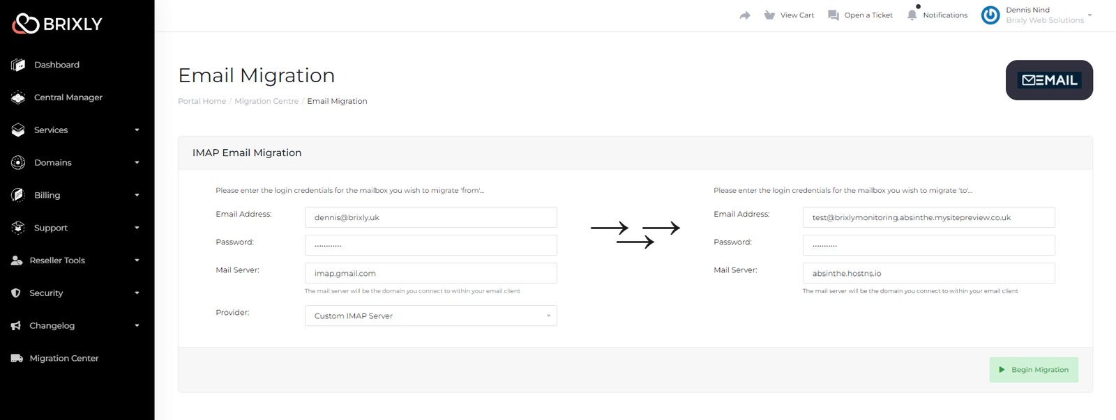 The Migration Center with Email Migration selected