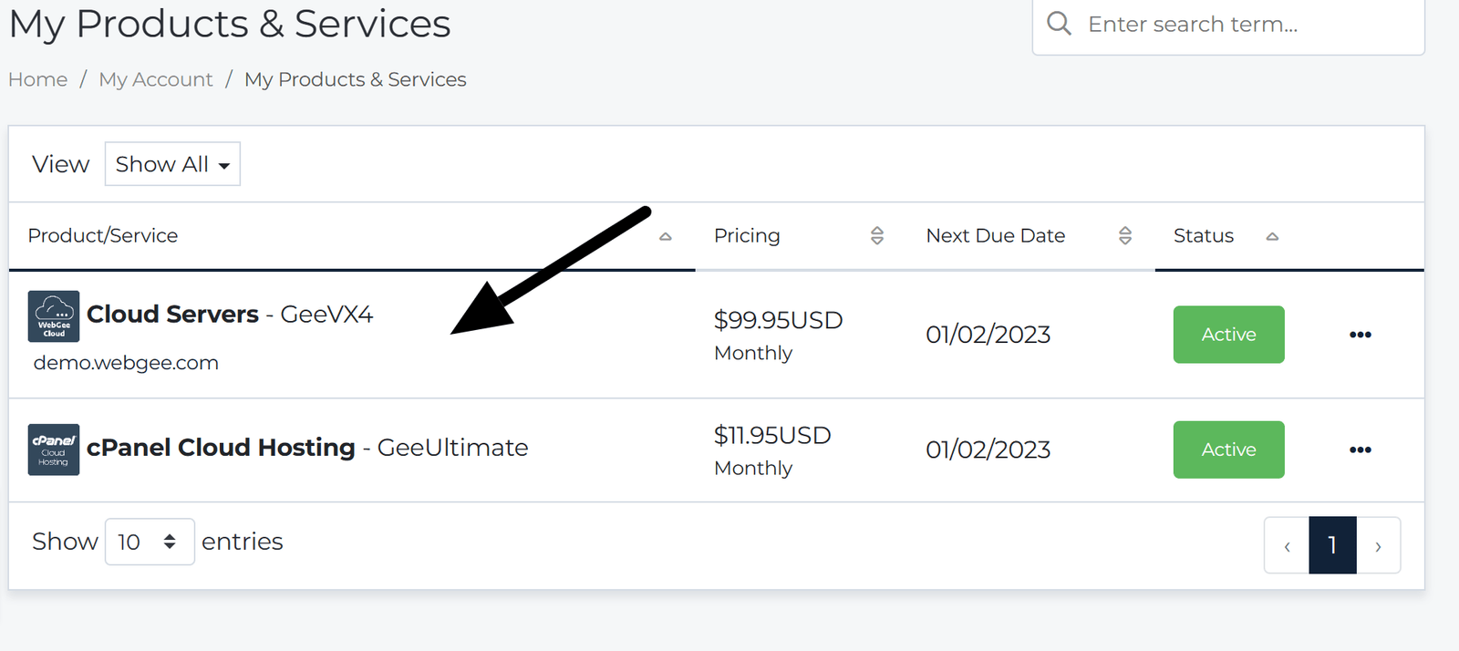 The product list with a cloud server selected