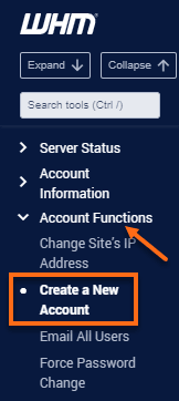 The Create A New Account page in WHM