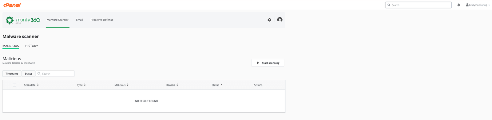 The Imunify360 interface with the Start scanning button