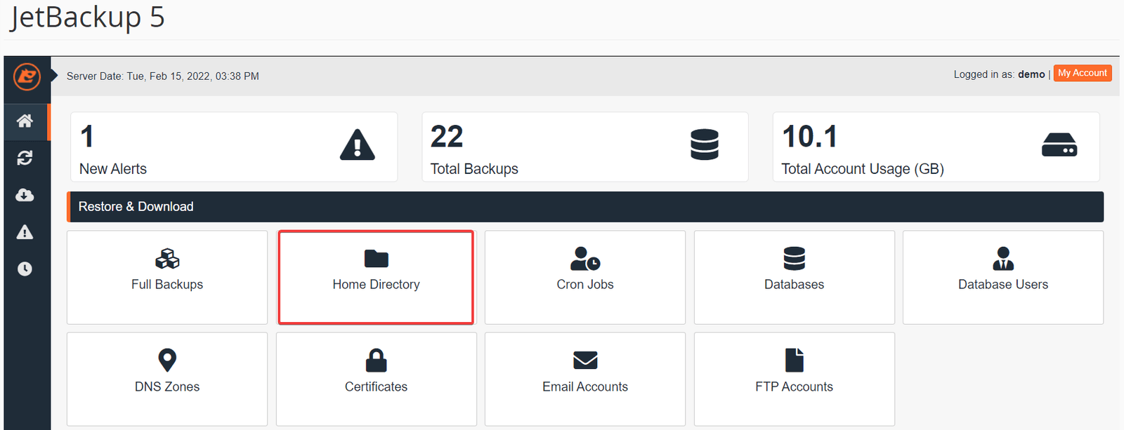 The Home Directory option under Restore & Download