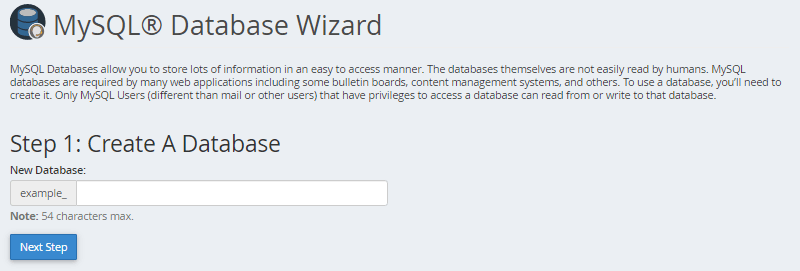 Step 1 of the wizard, creating a database