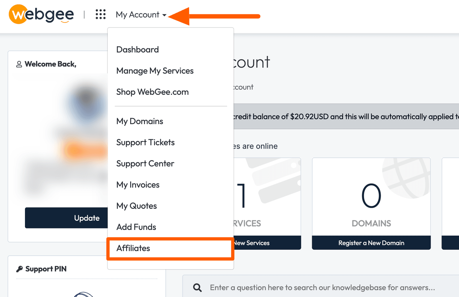 The Affiliates link in the client area navigation