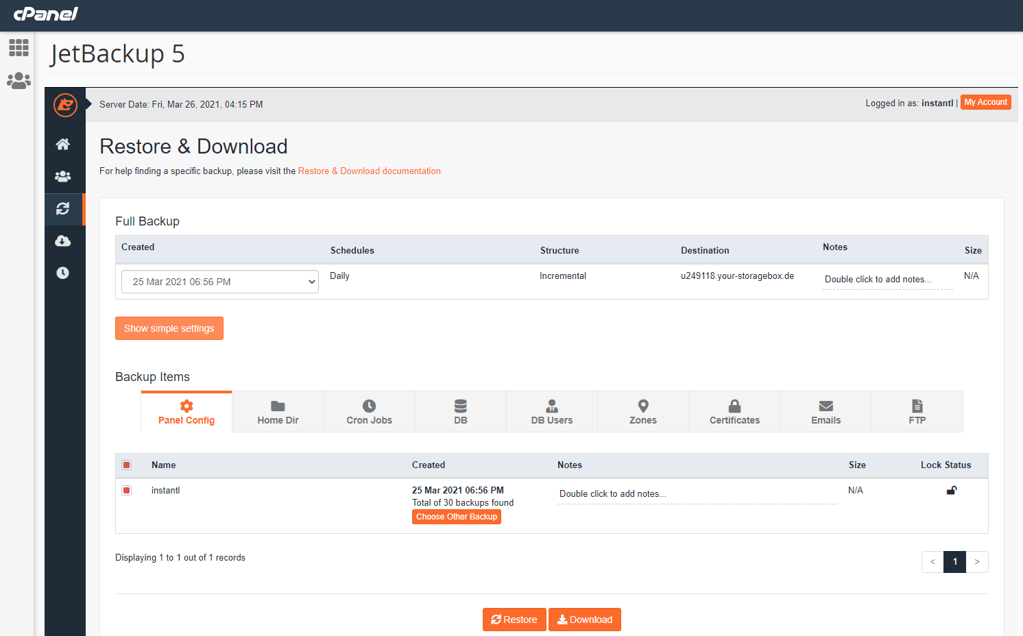 The Restore & Download screen showing available backups