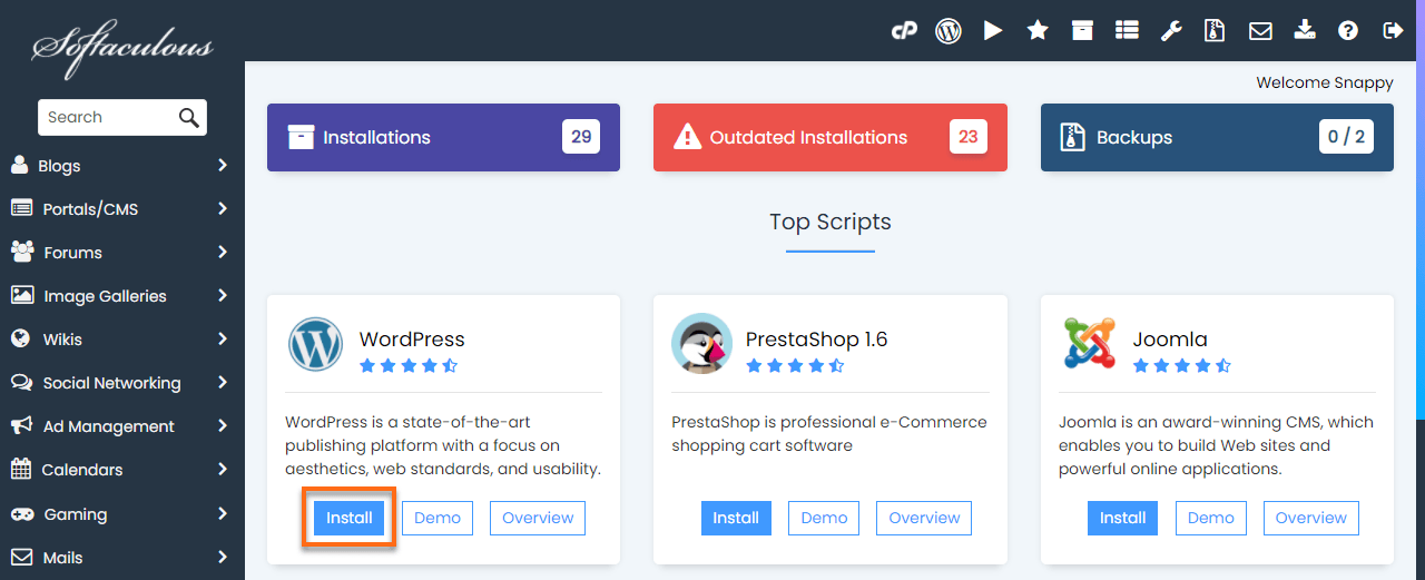 The WordPress entry in Softaculous