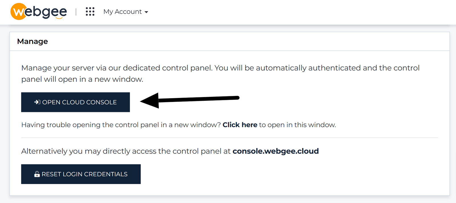 The Manage section showing the Open Cloud Console button