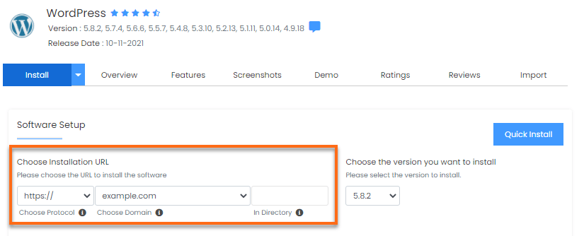 The Choose Installation URL section