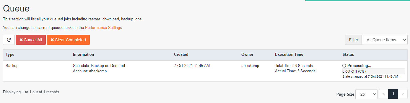 The JetBackup Queue page showing backup progress