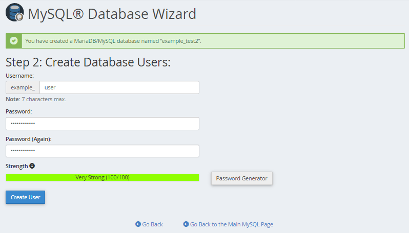 Step 2 of the wizard, creating a user