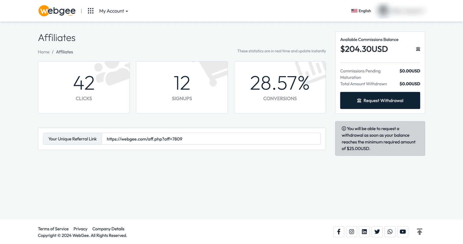 The affiliate dashboard showing referral statistics