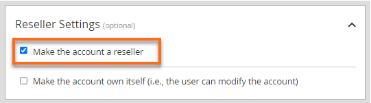 The Reseller Settings section with the reseller option ticked