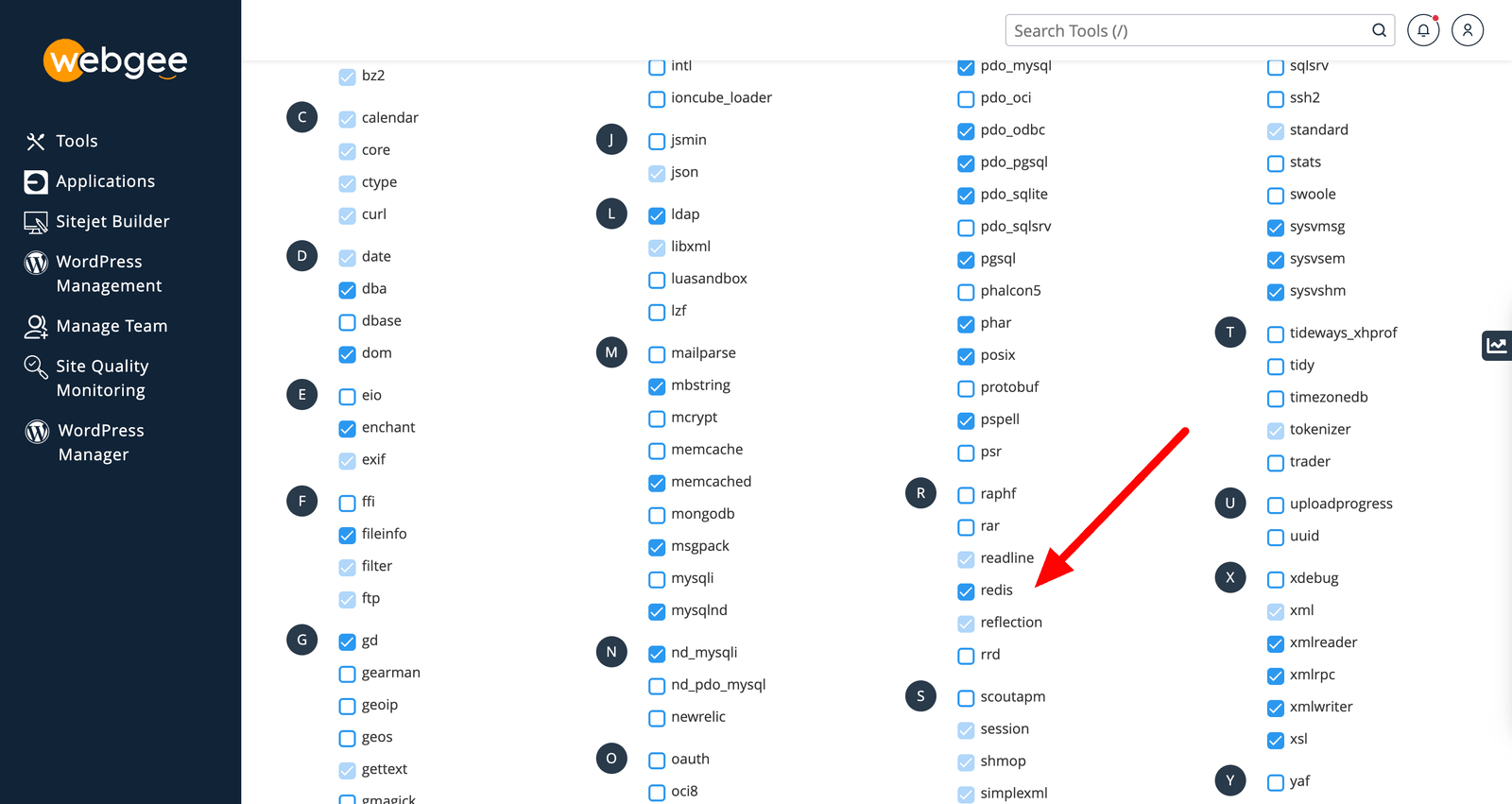 The PHP extensions list with redis selected