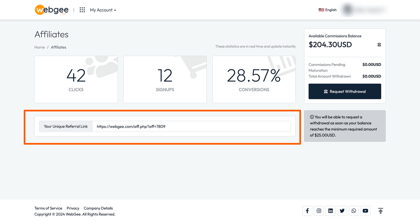 The affiliate dashboard showing the referral link