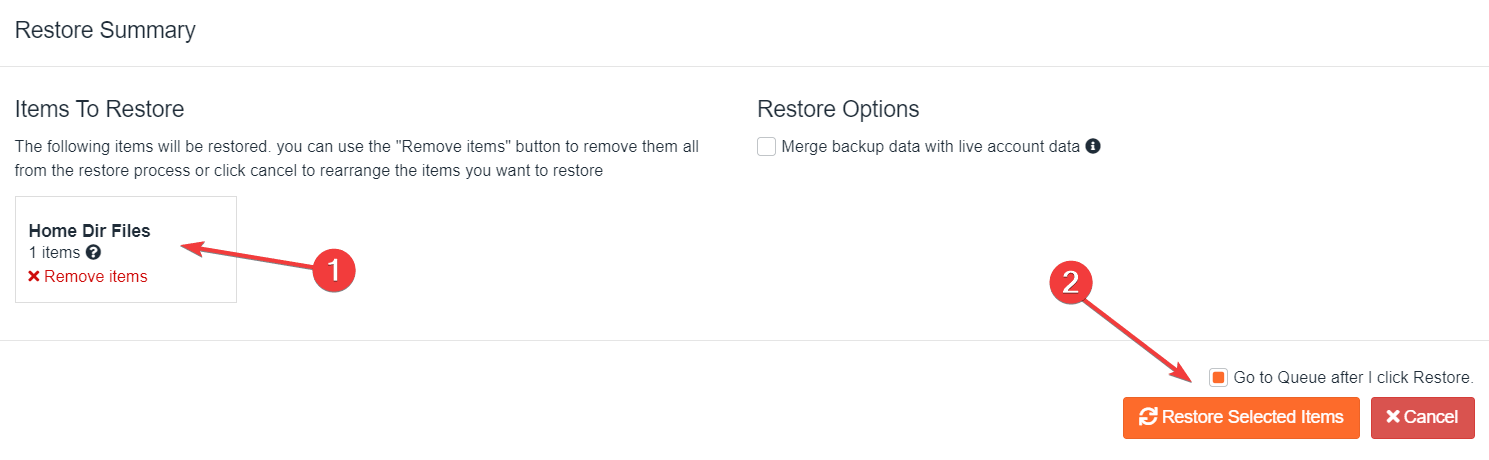 The Restore Summary screen listing items to restore