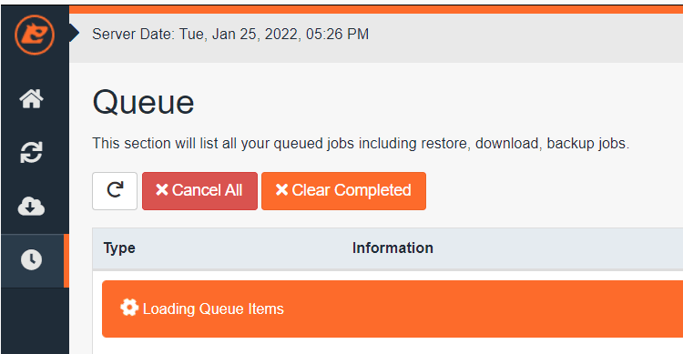 The Queue page showing the restore in progress
