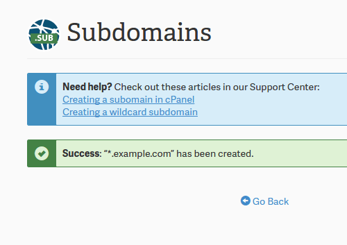 The success message confirming the subdomain was created