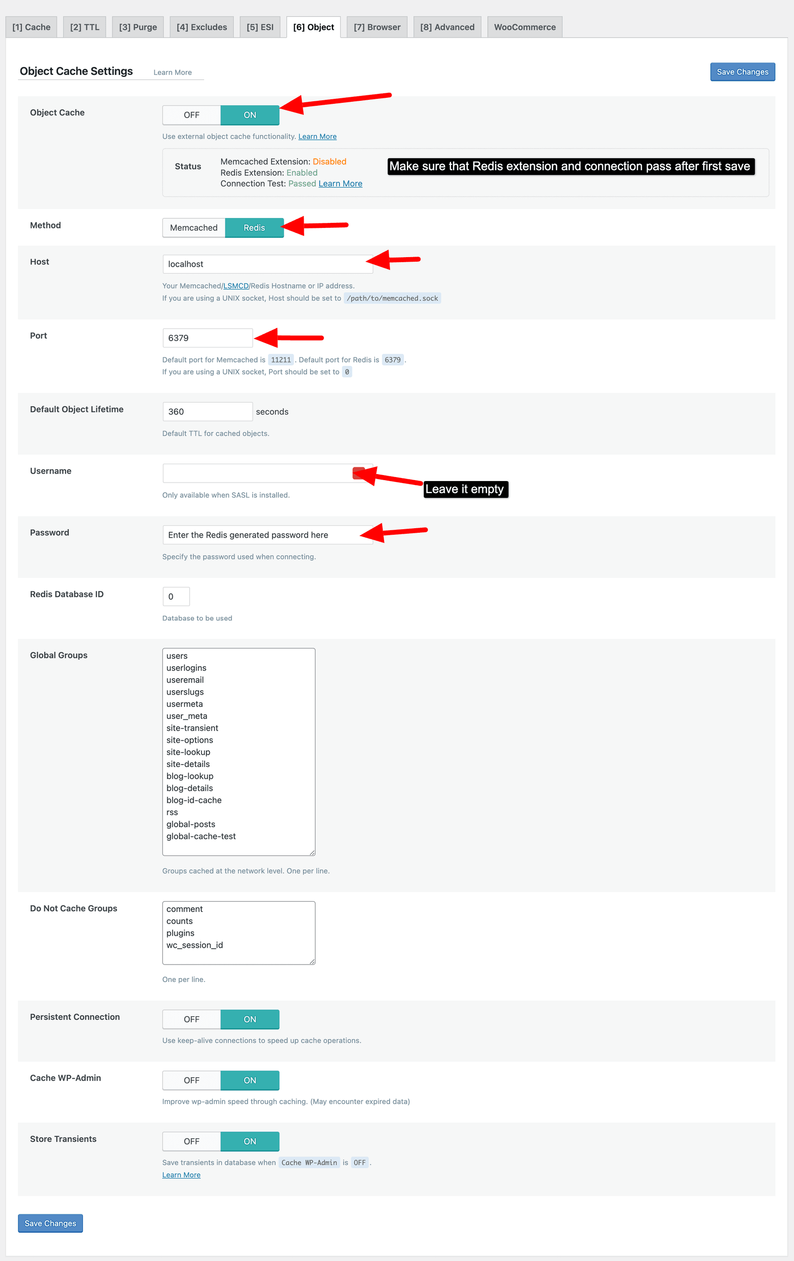 The LiteSpeed Cache object cache settings