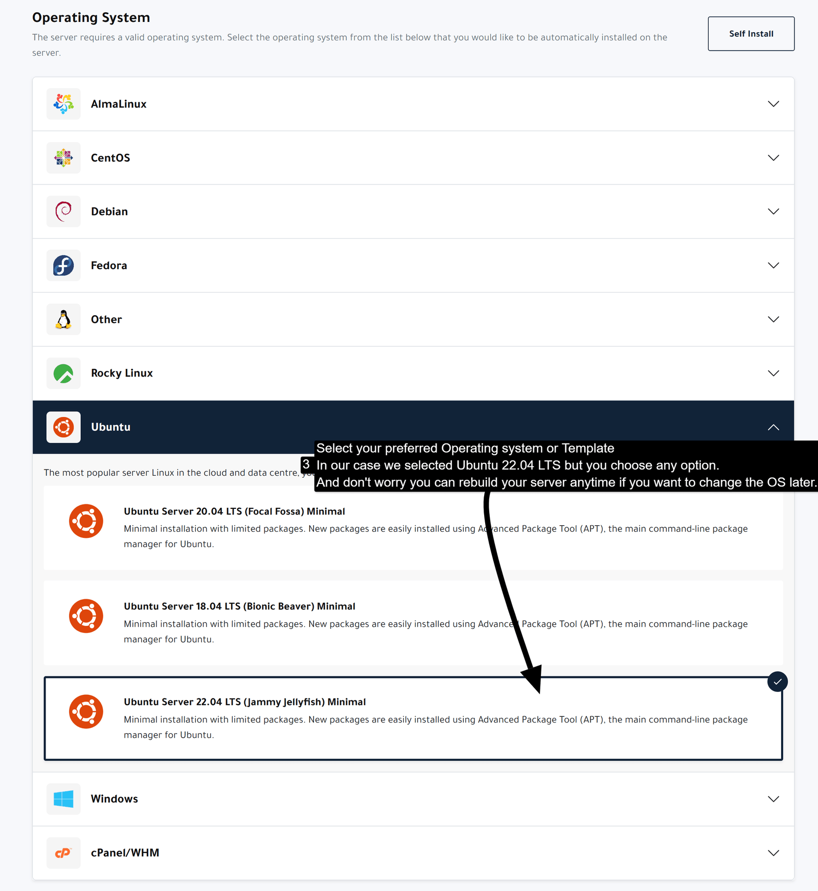 The operating system template list