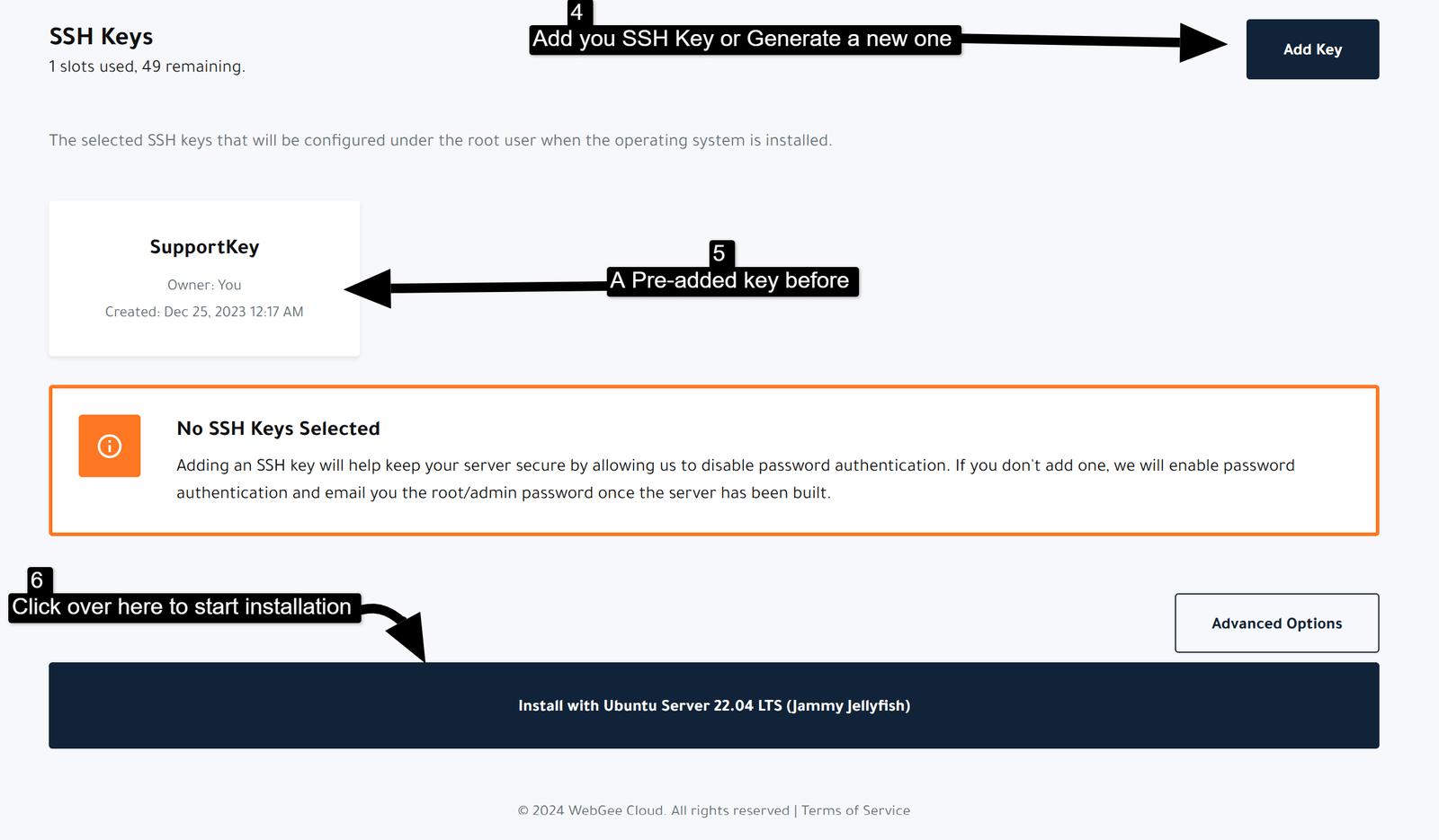 The SSH key selection step