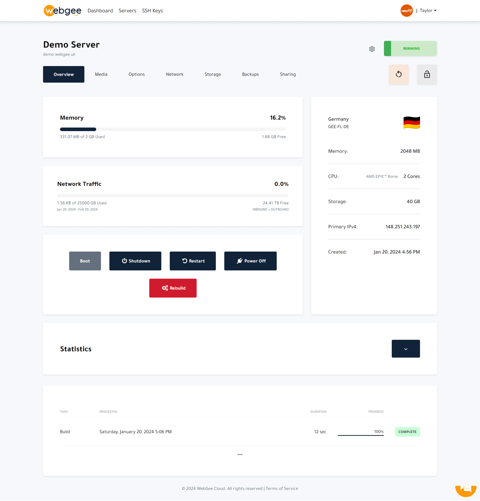 The cloud server dashboard