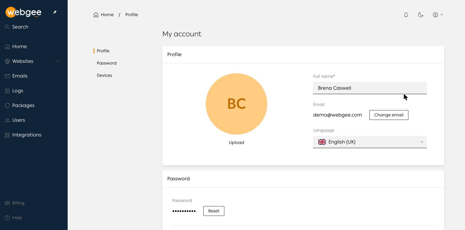 The My account page, showing profile, email and language