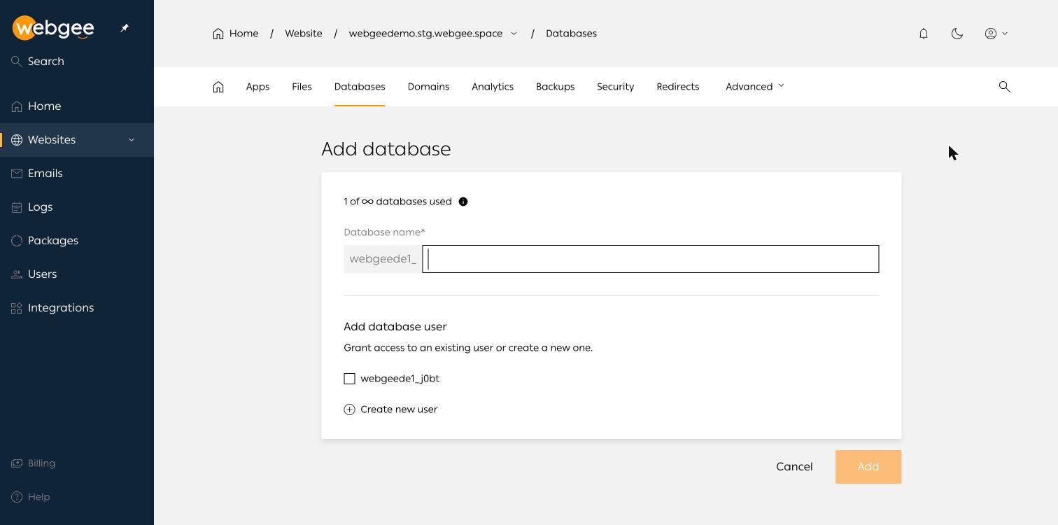 The Add database form, showing the fixed name prefix and the user options