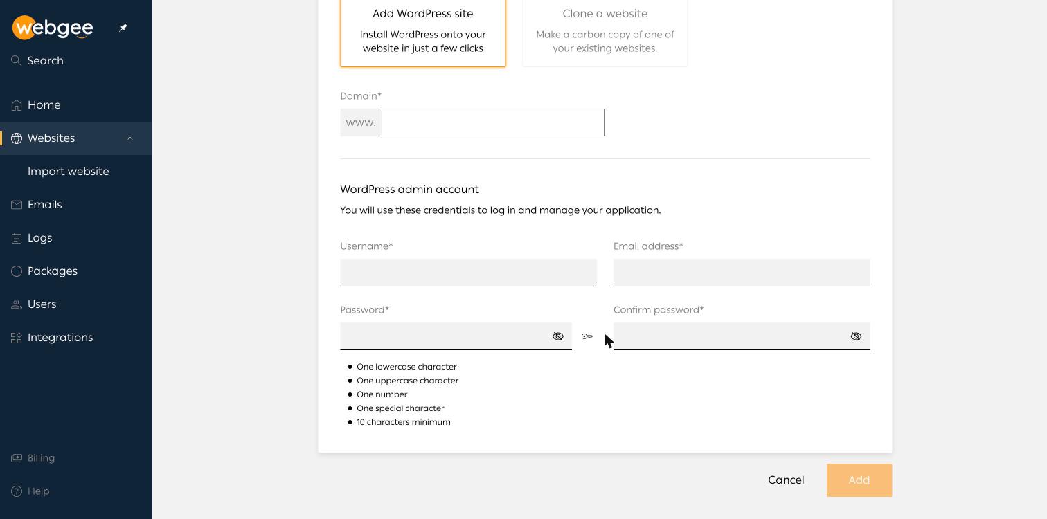 The WordPress admin account section of the Add website form