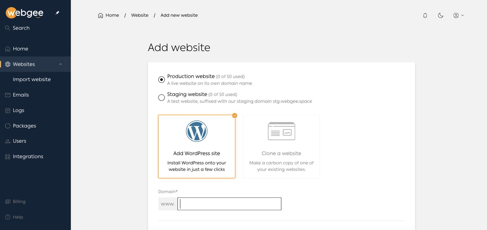 The Add website form, showing the production and staging options and the WordPress and Clone tiles