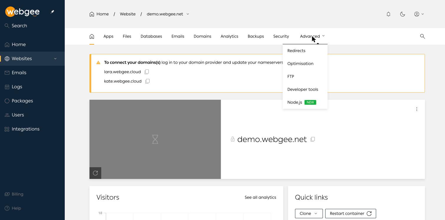 The Advanced menu on a website, listing Redirects, Optimisation, FTP, Developer tools and Node.js