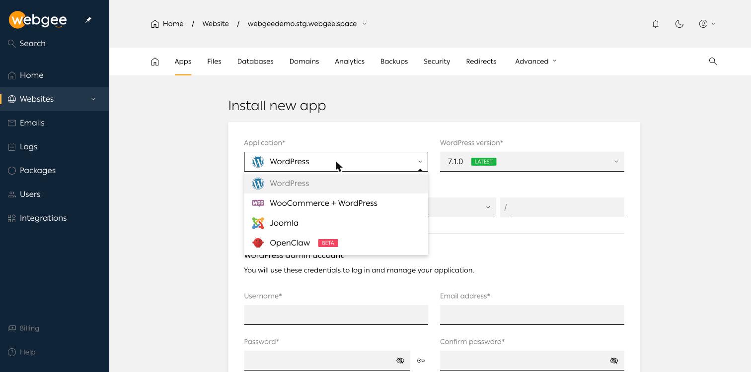 The application catalogue — WordPress, WooCommerce, Joomla and OpenClaw