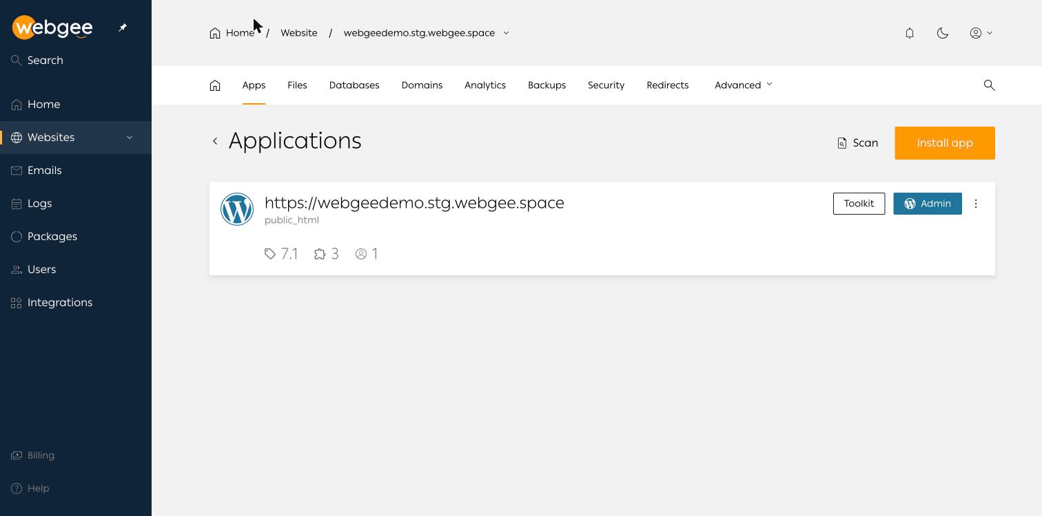 The Applications page, listing the installed WordPress with Scan and Install app
