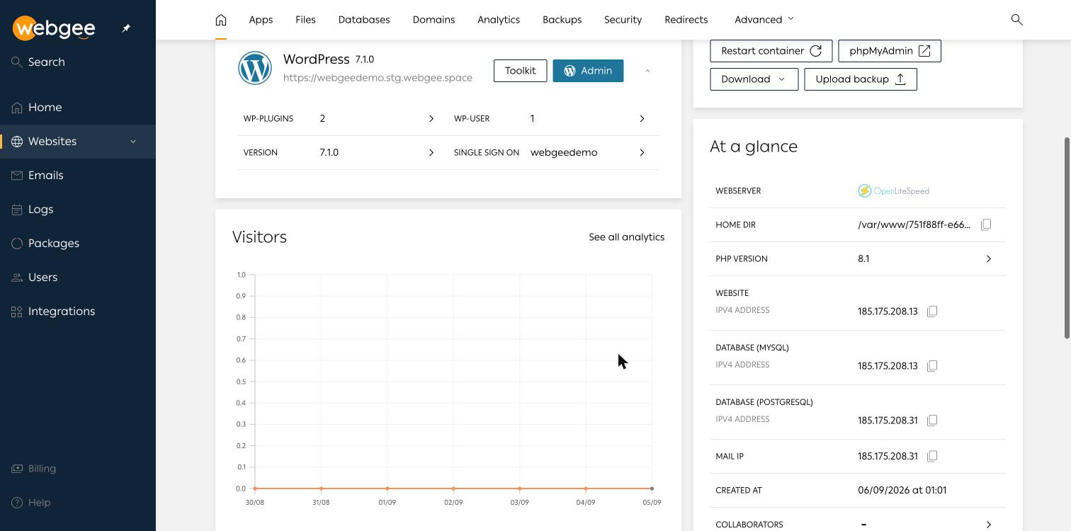 The At a glance panel, listing web server, home directory, PHP version and service addresses