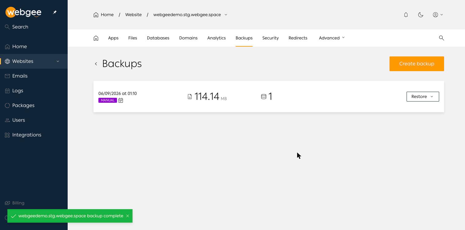 The backups list, showing a completed manual backup with its size and database count