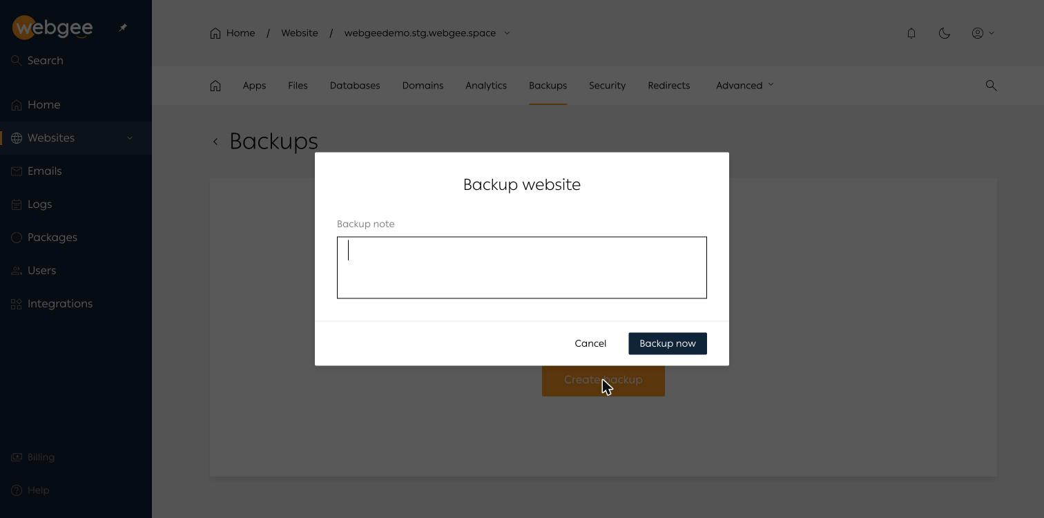The Backup website dialog, with a note field