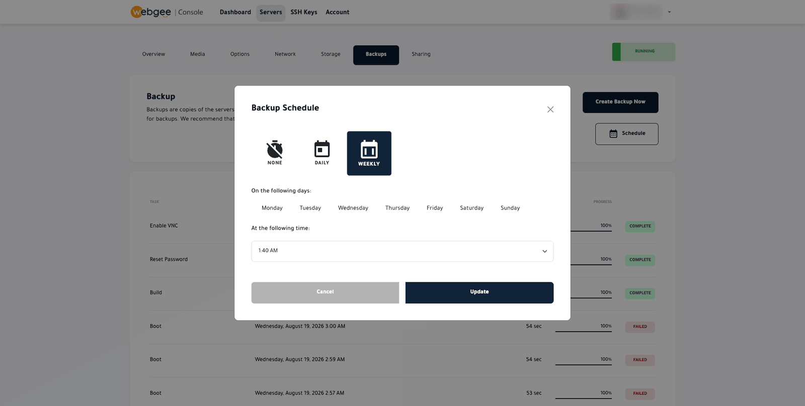 The backup schedule dialog with None, Daily and Weekly options