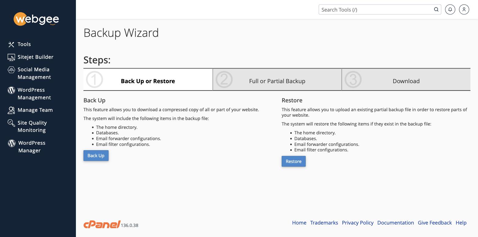 The Backup Wizard's three steps: back up or restore, full or partial, download