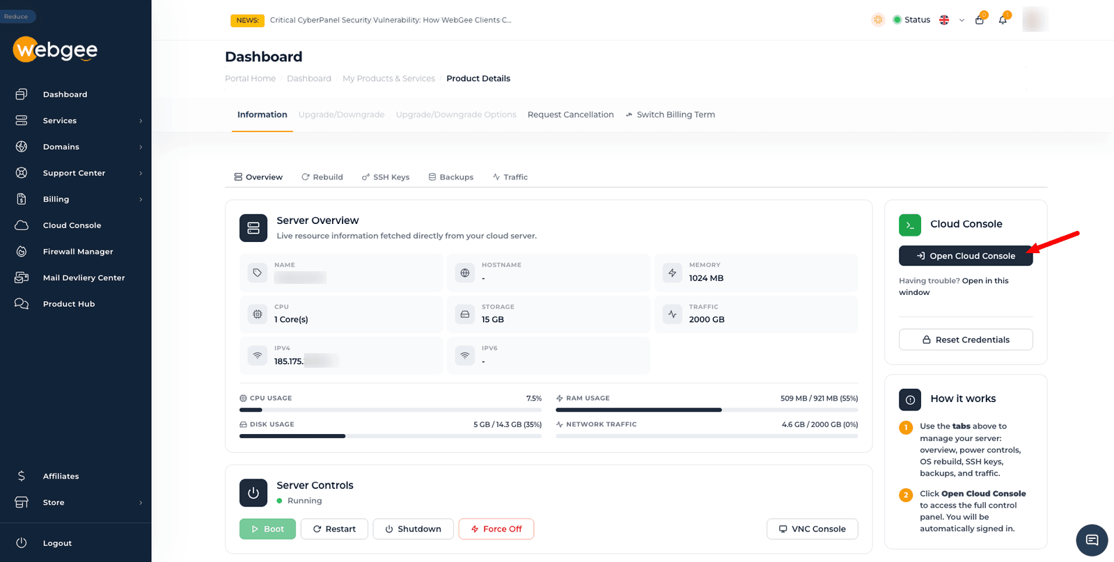 The server page in the WebGee client area, with the Open Cloud Console button