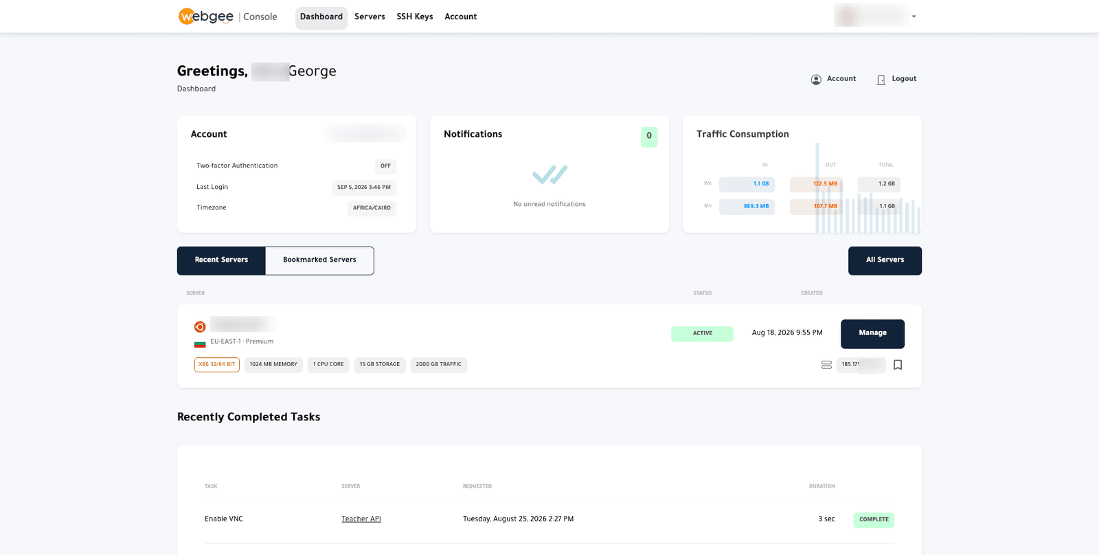 The Cloud Console dashboard showing account status, notifications, traffic and recent servers