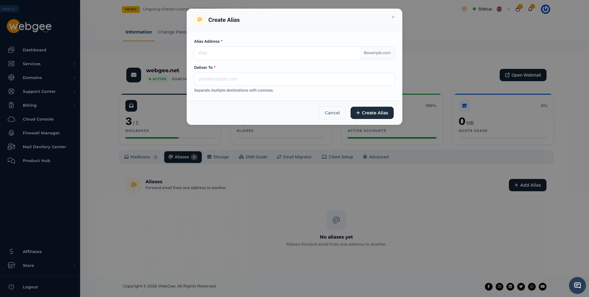 The Create Alias dialog, with the alias address and its delivery destinations