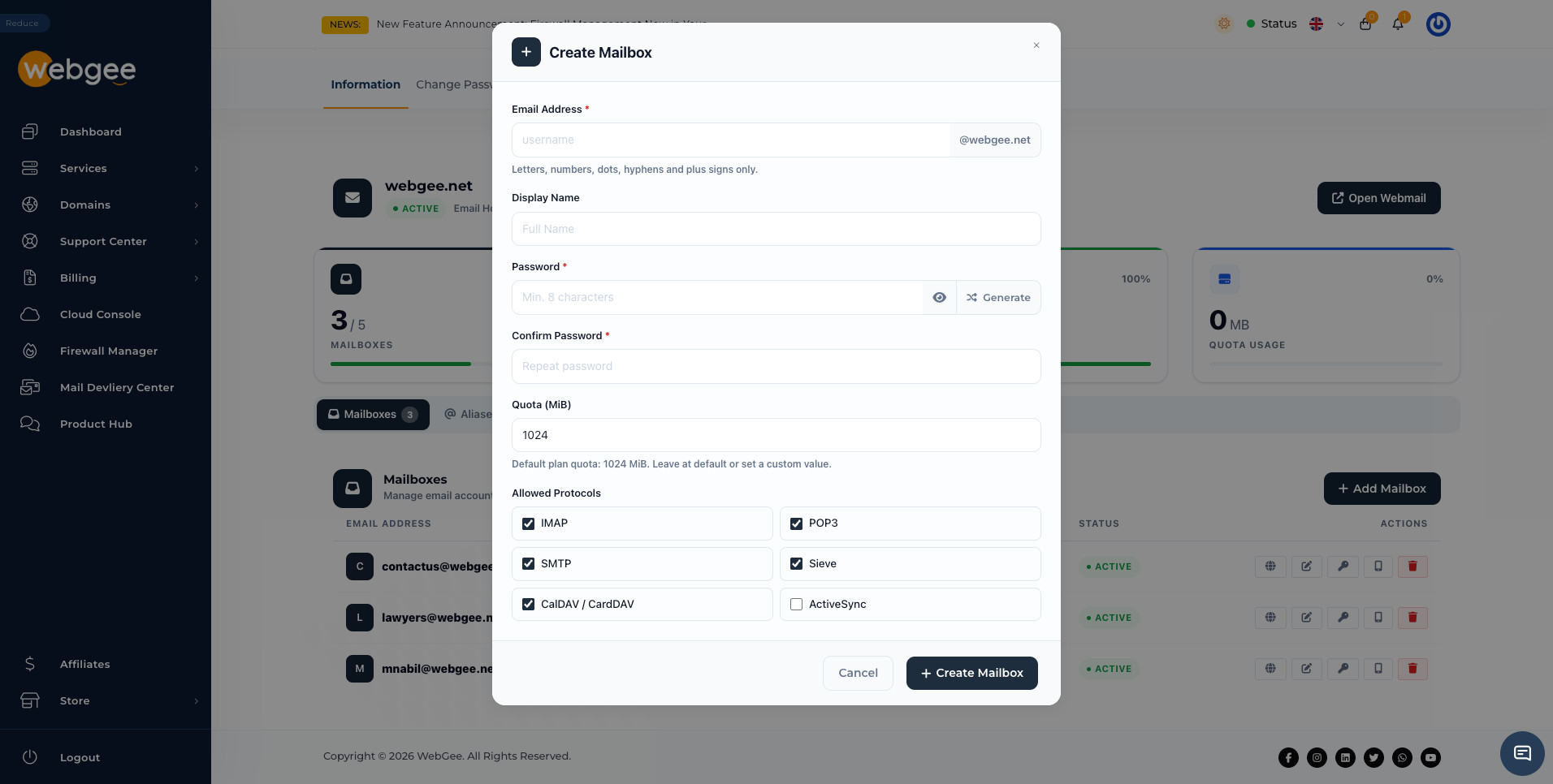 The Create Mailbox dialog, with quota and per-protocol options