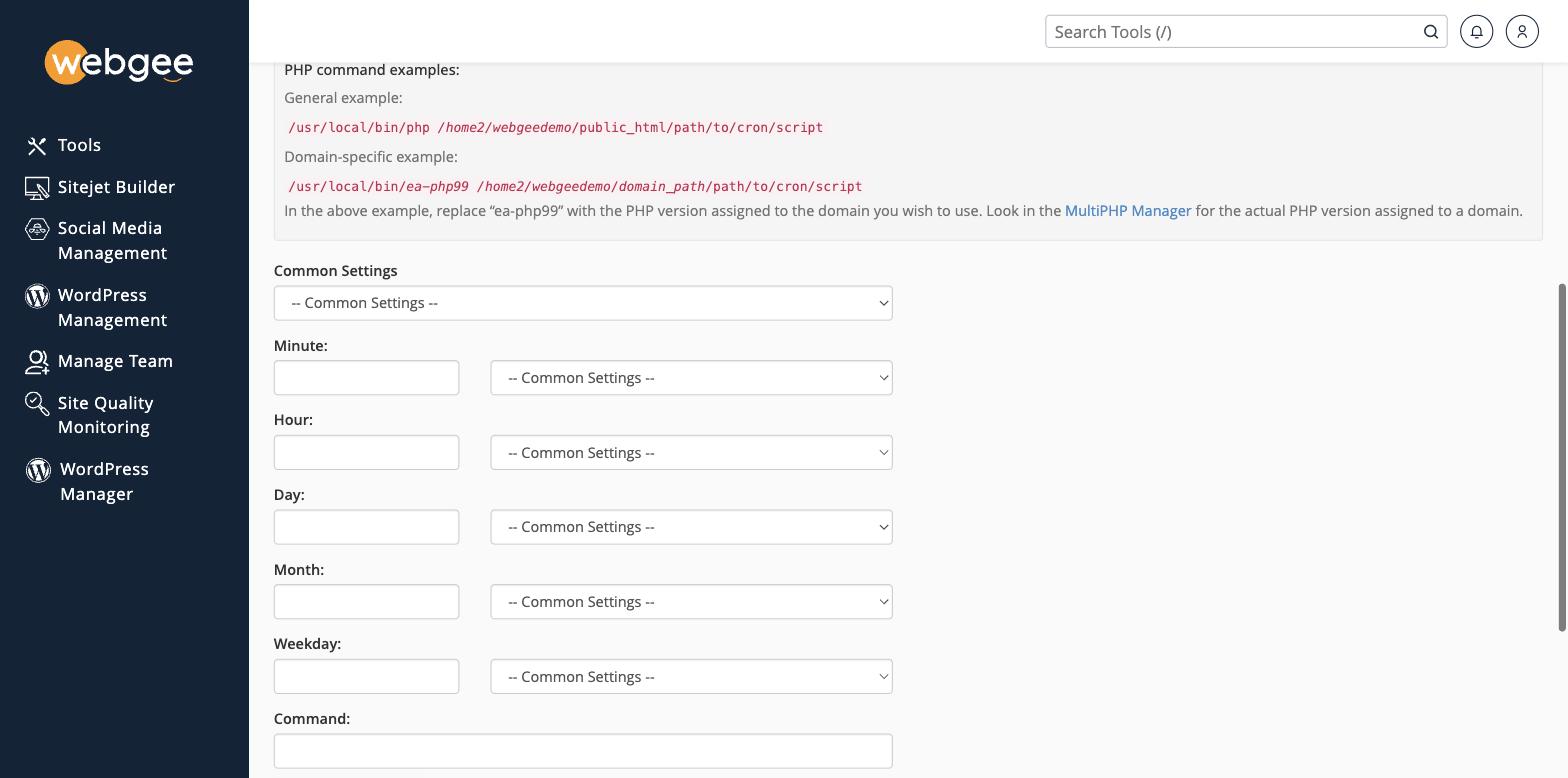 The Add New Cron Job form with the interval fields and PHP command examples