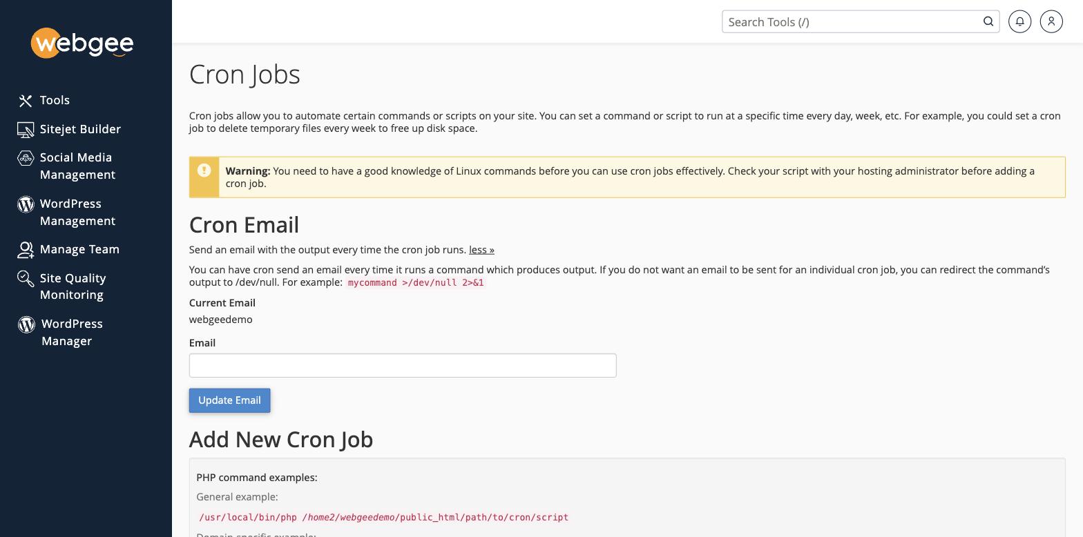 The Cron Jobs page, showing the Cron Email setting