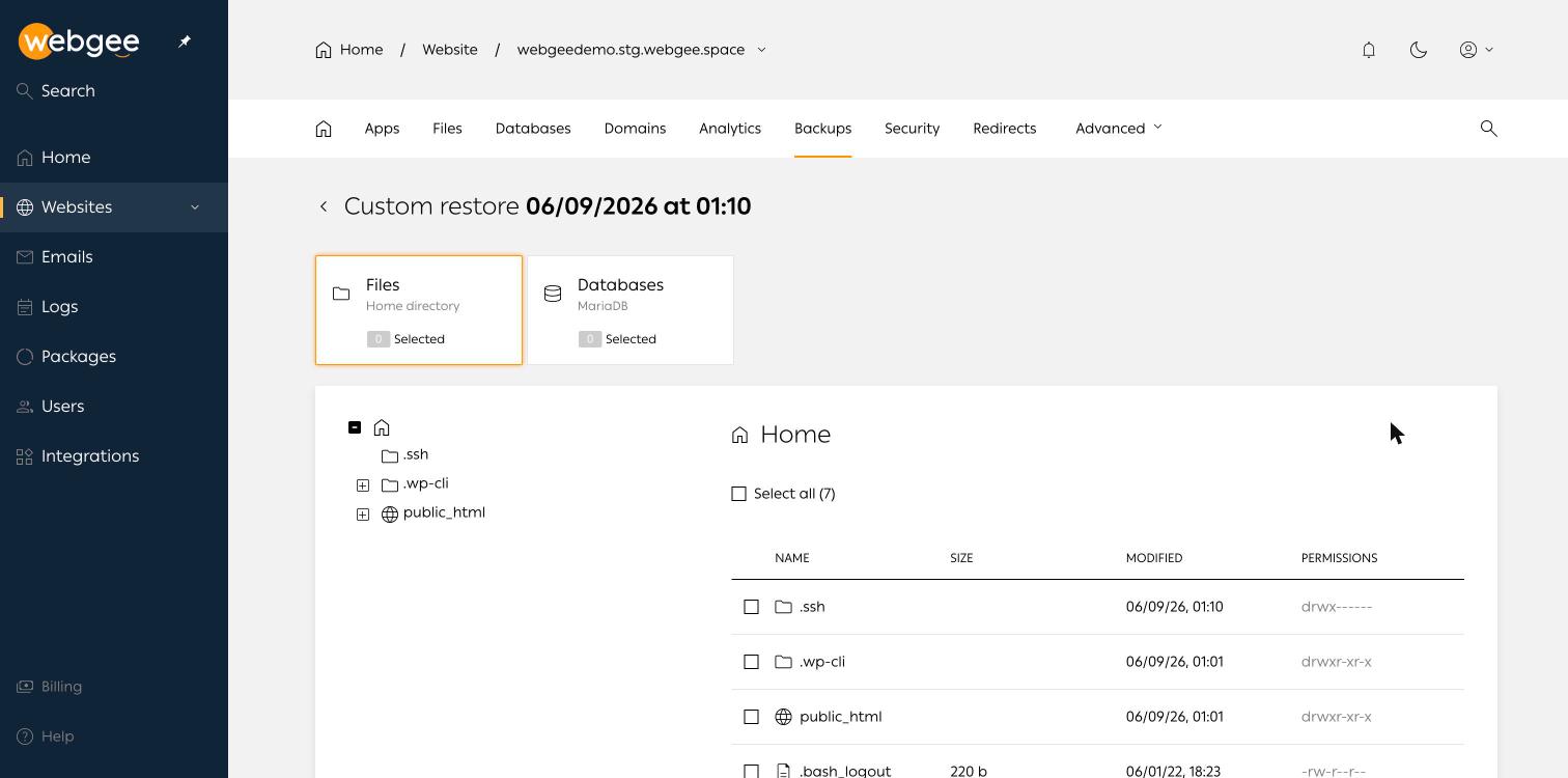 The custom restore browser, showing the file tree with permissions and the databases tab