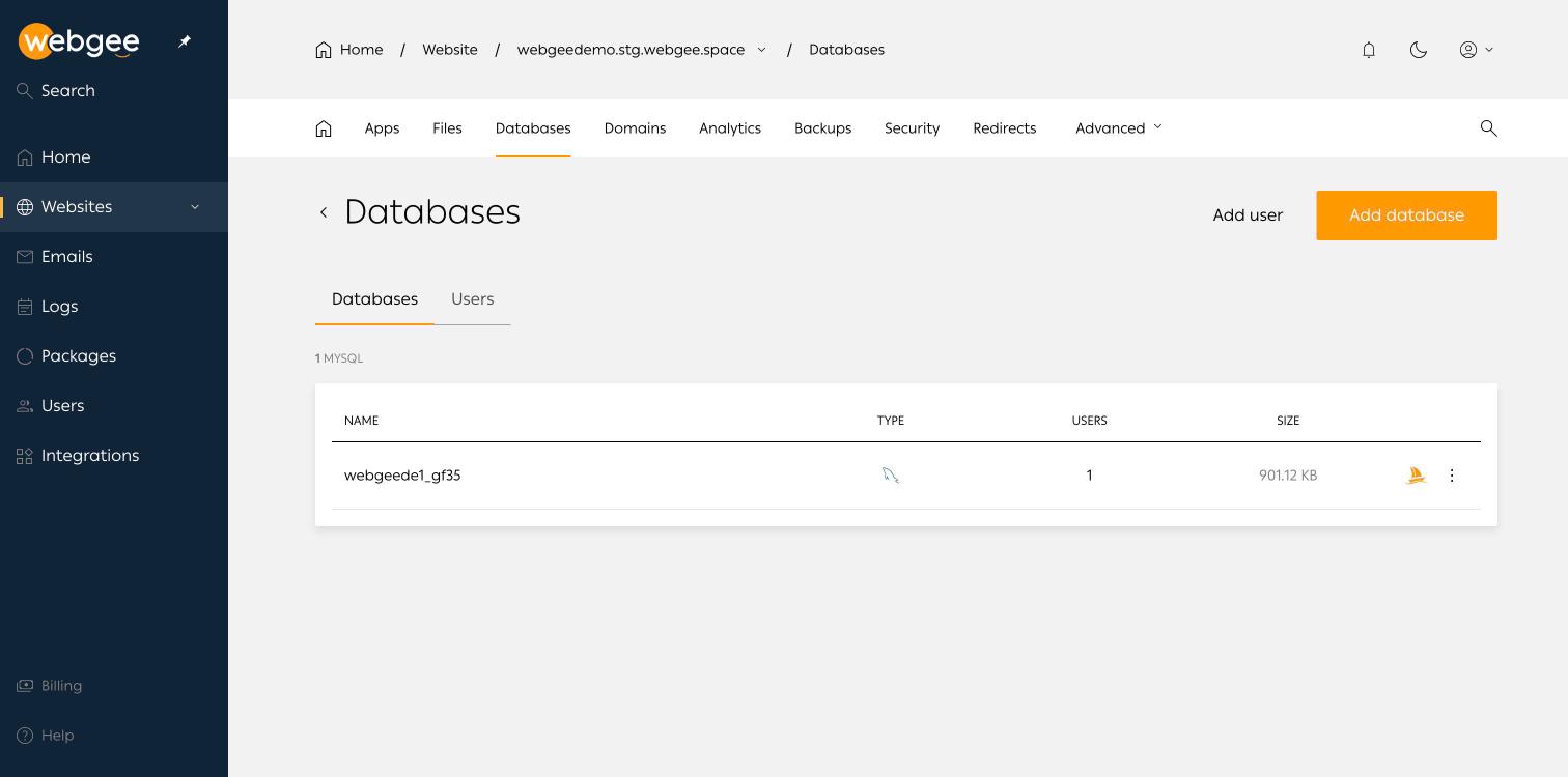 The Databases page listing the site database with its user count, size and phpMyAdmin link