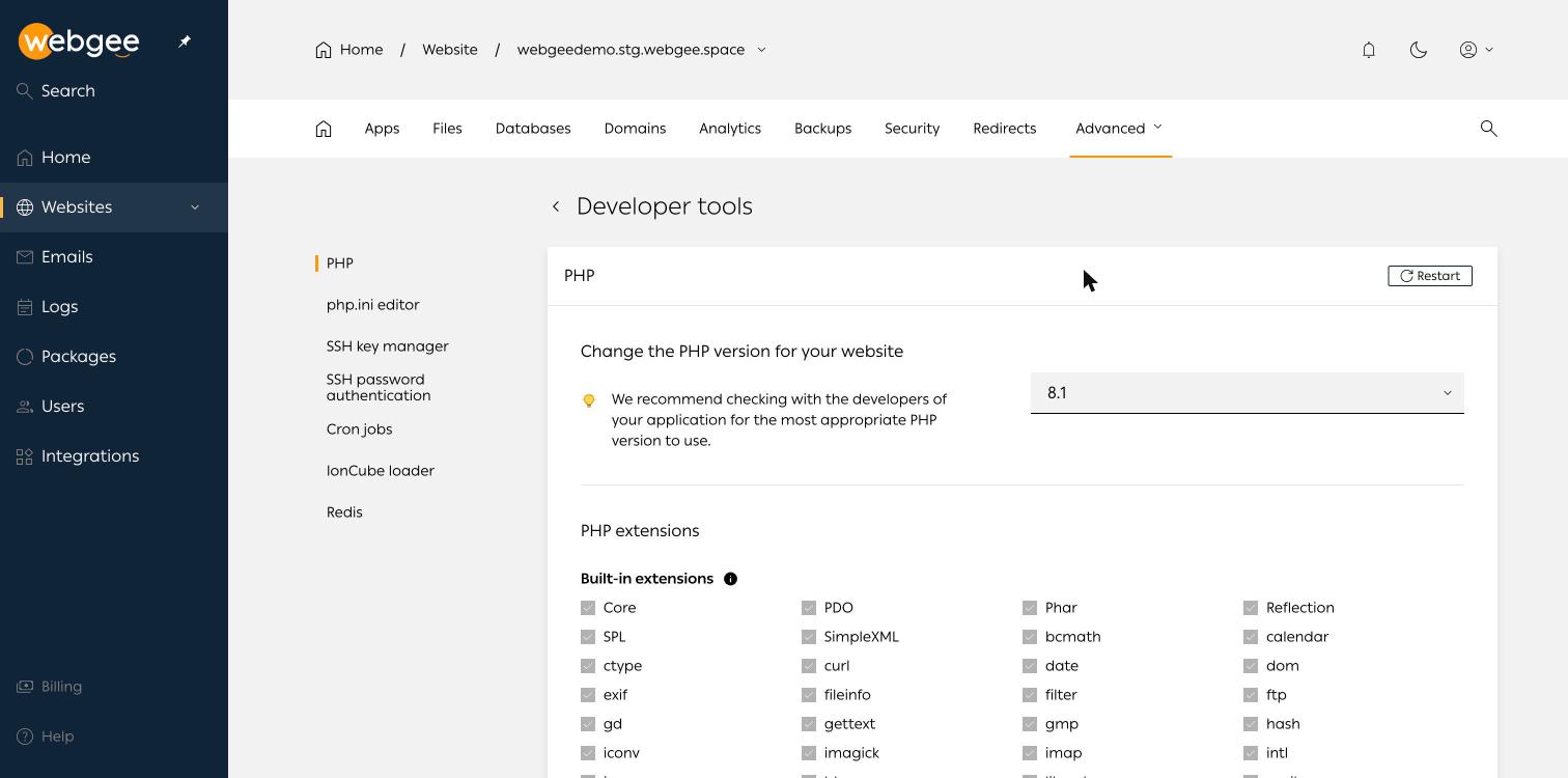 The Developer tools PHP panel, showing the version selector and built-in extensions