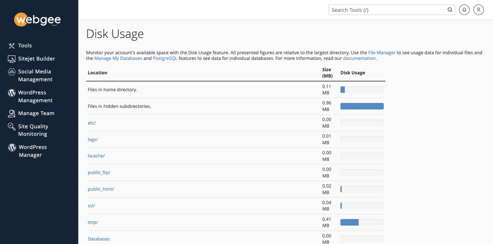 The Disk Usage page listing directories by size with proportional bars