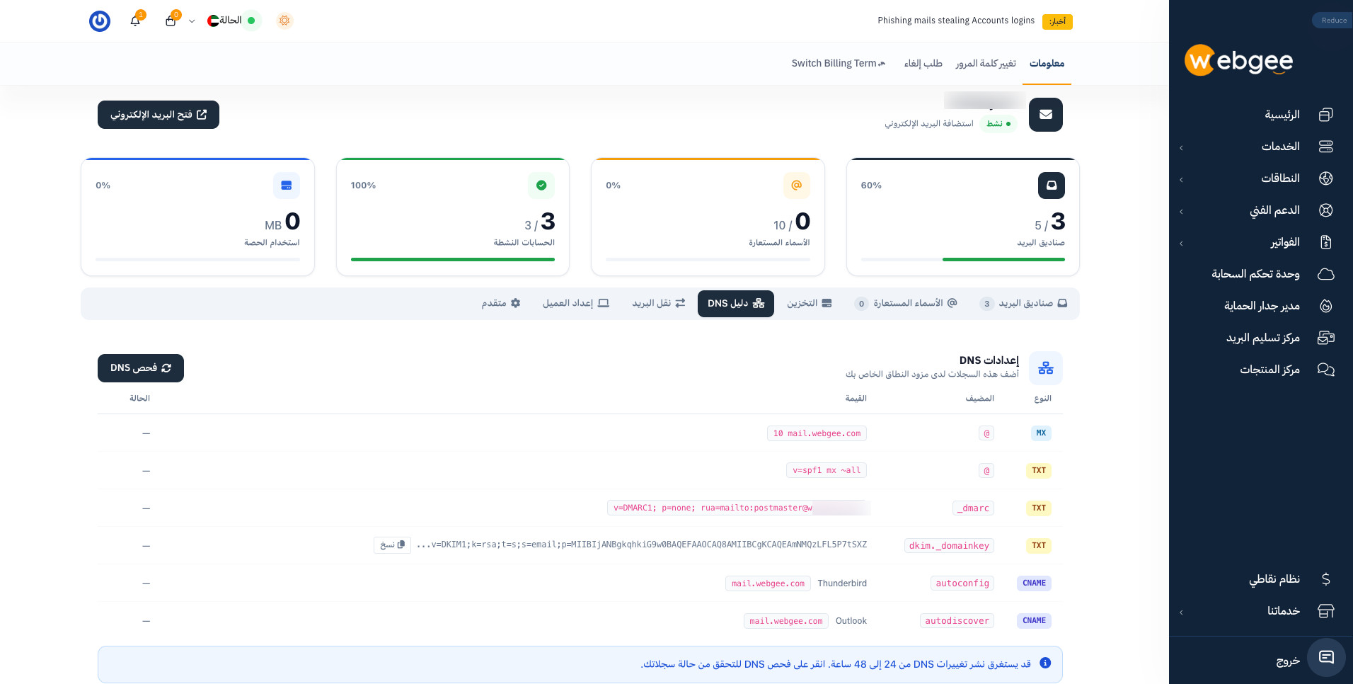 تبويب دليل DNS يعرض السجلات التي تُضاف عند مزوّد DNS